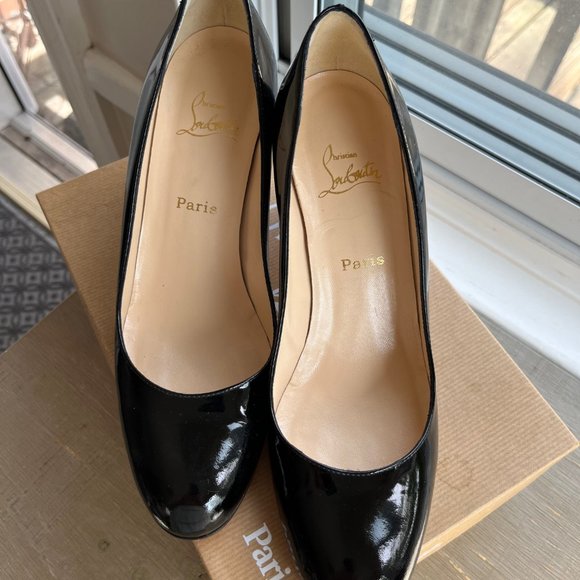 Christian Louboutin Miss Tack 70 Black Patent Leather Block Heel Pumps - Picture 1 of 8